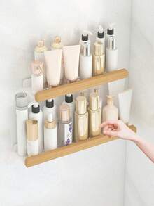 LINKOOL رفوف تخزين حمام خشبية، رف حمام مثبت على الحائط بدون ثقب، لوح توابل، رف تخزين للحمام، رف منظم للحمام، رف تخزين للحمام، رفوف خشبية للركن، رف مثبت على الحائط لشامبو الحمام، رف مطبخ مثبت على الحائط، رفوف طافية للحائط في غرفة المعيشة بدون ثقب، اكسسوارات حمام، ديكور الغرفة