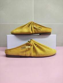 Yellow Women Vintage Ruched Slip-On Backless Mules Slippers, Versatile Flat Slide Sandals, Spring/Summer 2025 New Arrival - Yellow - View 2