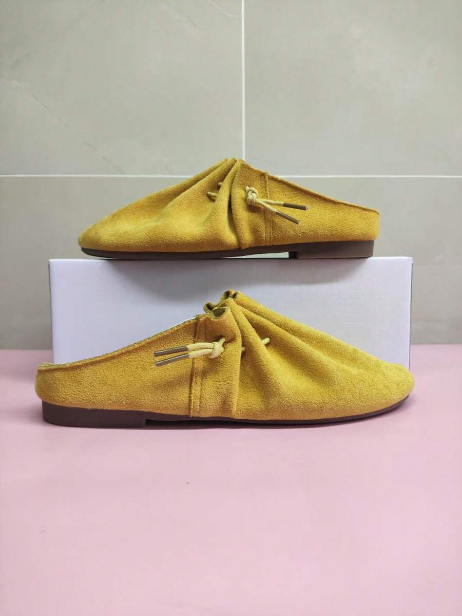 Yellow Women Vintage Ruched Slip-On Backless Mules Slippers, Versatile Flat Slide Sandals, Spring/Summer 2025 New Arrival