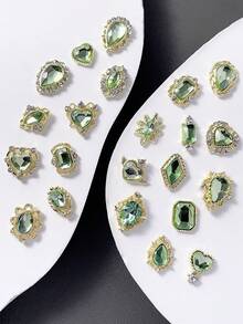 30/50pcs Gold Heart & Angel Wing Nail Art Decorations, Y2K St. Patrick's Day Shiny Green Rhinestone Nail Gems, 3D Alloy Leaf Geometric Pattern DIY Nail Jewels, Girl Gift, Phone Case, Shoes, Clothes, Bags, Crafts, Nail Supplies - Multicolor - View 2