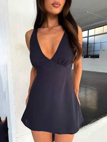 Elegant Solid Color Casual Chiffon Zip Ruffle Chest Pleated Dress, Beach Wear Spring/Summer - Black - View 7