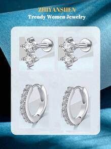 4 piezas Pendientes de cartílago para mujer de plata y oro, pendientes planos para tragus, helix, joyería para perforaciones, hipoalergénicos, pendientes apilables, pendientes de botón de oro para mujeres, pendientes para mujeres, pendientes de espalda plana, pendientes para el segundo orificio para mujeres