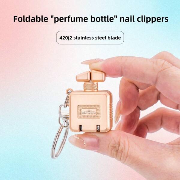 1 pieza Cortaúñas plegable con forma de botella de perfume, cortaúñas de acero inoxidable, carcasa de aleación, mini portátil, minimalista de alta gama, con llavero, se puede usar como cortaúñas colgante