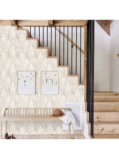 Roll Beige Bohemian Leaf Pattern Textured Wallpaper, PVC Self Adhesive Wand Sticker, Waterproof Moisture Proof Bloemen Removable Reusable, Easy To Install Clean, Living Room, Kitchen, Bedroom, Dining Room Furniture Seamless Splicing view 4