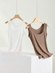 5pcs/Pack Simple Solid Color Women's Camisole, Round Neck Layering Seamless Tank Tops, Comfortable Stretch