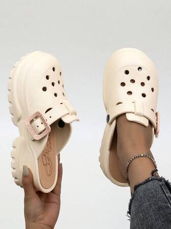 Women's Summer EVA Hollow Sandals, Outdoor Slippers, Thick Sole, Toe-Covering Design, Non-Slip, Removable Soles, Fashionable Versatile Slip-On Mules, Solid Color, Home & Beach Wear