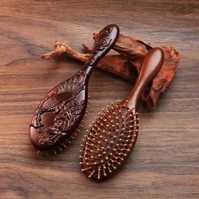 1pc Hand Carved Sandalwood Air Cushion Comb With Bamboo Teeth, Oval Scalp Massage Brush, Suitable For All Hairstyles, Wooden Hairstyle Comb