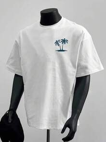 男士新款休闲个性度假海岸图案印花短袖T恤，搭配休闲裤，适合旅行/度假/户外露营/运动 - 白色 - 查看 3