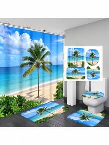 1pc/4pcs Tropical Seaside Beach Coconut Tree Printed Multifunctional Bathroom Decor Set, Includes Shower Curtain 12 Hooks, Anti-Slip Mat, U-Shaped Mat & Round Toilet Cover, For Whole Bathroom Back To School