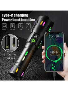 1PC Super Bright LED Flashlight - 10000mAh Big Capacity Battery, USB Rechargeable Durable Torch For Outdoor Adventures, Blackout, Car Repair, Hiking (3 Modes)