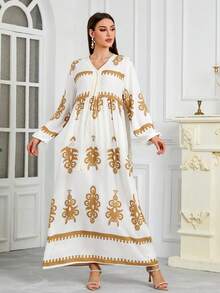 Elegante vestido casual con estampado de cinta de manga larga, vestido de otoño/invierno, vestido de vacaciones, vestido de dama de honor, vestido de Navidad y Halloween