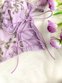 1pc Cute Butterfly Ditsy Floral Puff Sleeve Drawstring Tie Crop Top Corselet For Women