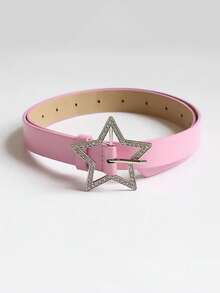Y2K 星形扣腰带，粉色弹性腰带，镶嵌闪亮水钻，复古装饰配件，适合休闲周末穿着，学院风，镂空设计