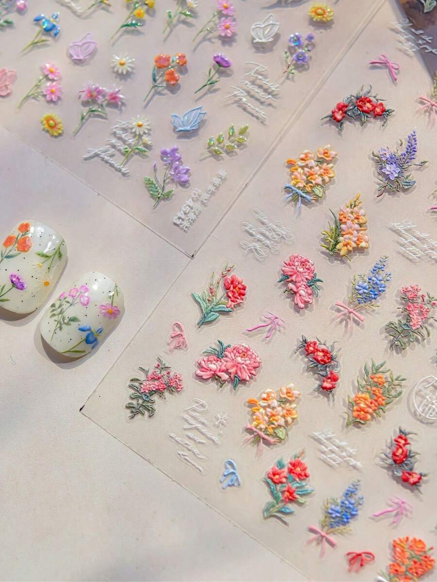 1pc 5D Relief Chinese Style Exquisite Flower Nail Art Stickers Self-Adhesive Paper For Nails DIY2025 Spring New Nail Stickers - Multicolor - View 1