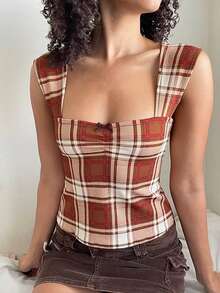 Women's Y2K Slim Fit Tank Tops Cute Plaid Sleeveless Crop Tops Striped Cami Tops Cute Square Neck Vest Summer Shirts Aesthetic Tops For Streetwear Going Out Tops - 棕色 - 查看 6