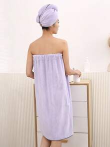 2pcs Women Bow-Decor Soft & Cozy Bath Robe And Bathing Cap Set Summer Wedding Home Bathroom Decor Back To School - Flat Fur Taro Purple 2 Piece Set - View 2