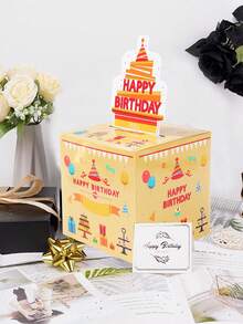 1 套生日快乐现金礼盒，浅黄色生日惊喜现金礼盒，带钞票卷的惊喜礼盒，带抽出式卡片的生日惊喜钱礼盒，送给朋友和家人的生日礼物，惊喜派对礼物