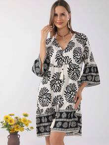 Vestido Cover Up Con Estampado De Manga Acampanadas Con Cordón - Negro - Ver 5