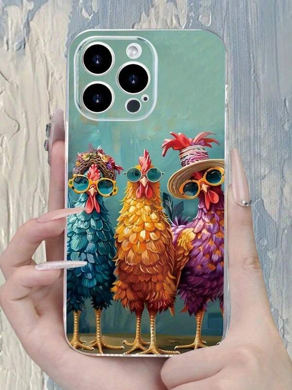 Funda de teléfono minimalista y práctica con estampado de pollo de dibujos animados y flores ditsy pintadas, compatible con iPhone/Galaxy/Serie Redmi