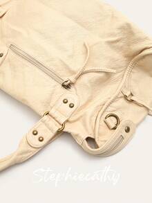 STEPHIECATHY Women's Fashionable Casual Cool Street Style Soft Washed PU Vegan Leather Zipper Closure Zip Pockets Braid Decor Large Capacity Fits 13' Laptop Tote Adjustable Long Strap Cross Body Shoulder Bag Daily College Commute Travel Versatile Spring Summer, New Arrival Tote Bags For Woman - Beige - View 3