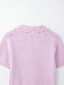 ZEVITY Bow Decor Solid Color Casual Short Sleeve Knit Sweater - Pink - View 6