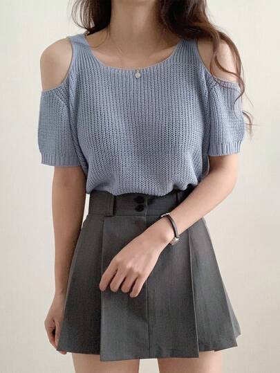 Hollow Out Open Shoulder Loose Knit Sweater, Solid Color Top