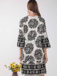 Vestido Cover Up Con Estampado De Manga Acampanadas Con Cordón - Negro - Ver 2