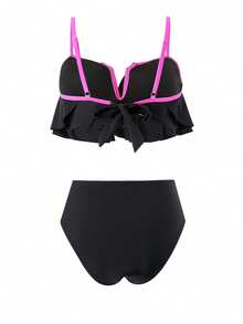 Women Swimsuit Contrast Color Leaves Print Ruffled Bra With Briefs Swimsuit 2-Piece Summer Bikini Set - Black - View 6