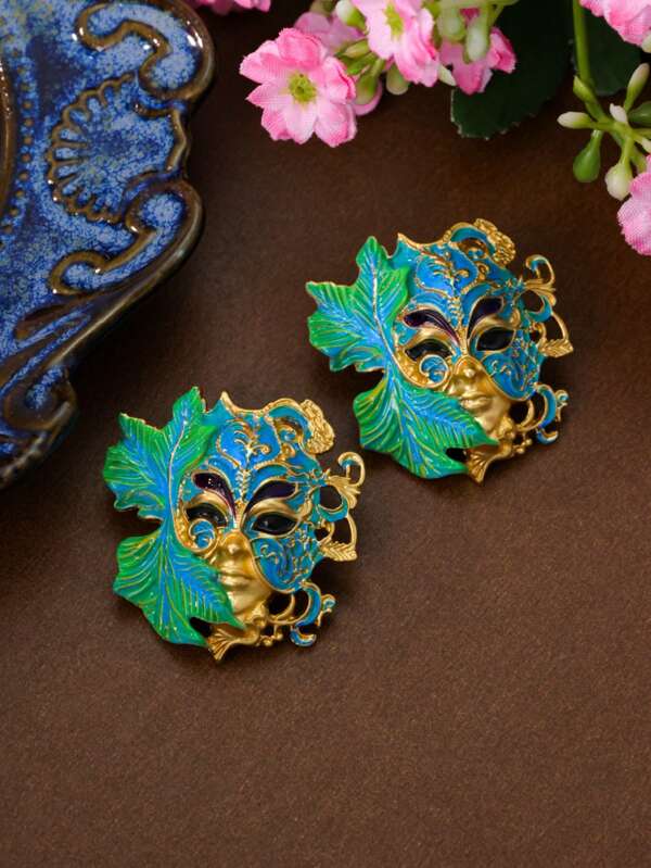 Retro Elaborately Creative Metal Mask Earrings, 18K Gold Plated, Hollow And Colorful Enamel Design, Suitable For Party And Festival Occasions