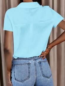 Plus Size Women Short Sleeve Simple Fashionable Button Up Blouse - Sky Blue - View 2