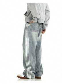 Y2K Men's Fashionable Baggy Vintage Jeans Loose Fit Denim Pants With Stripes On The Side Relaxed Skateboard Denim - 淺藍色 - 查看 7