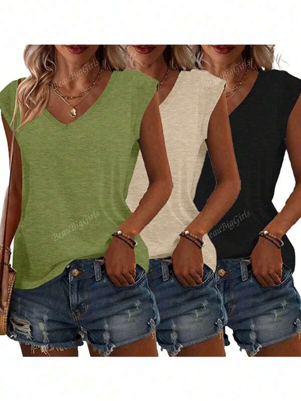 3 piezas de camisetas de manga corta de cuello en V, blusas informales para mujer, para primavera y verano