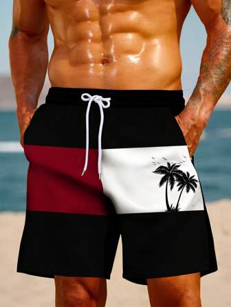 Herr sommarstrandshorts, Hawaii semester casual utomhus strand kokosnötsträd färgblock konsttryck 3D digitalt mönster lös dragsko i ett lager strandshorts, Hawaii