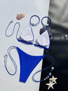 European & American Fashionable Women Summer Beach Solid Color Halter Tie Floral Decor Sexy Bikini Two Pieces Swimwear