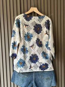 Women's Casual Floral Printed Hollow-Out Knit Tops For Holiday