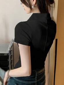 1pc Women Half-Button Polo Collar Fitted Short Sleeve T-Shirt, Unique Design Top - Black - View 5
