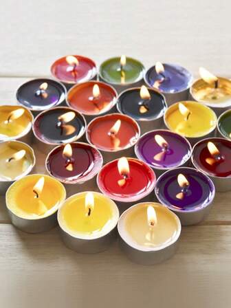 50个彩色茶灯石蜡压制蜡，燃烧时间约1.5-2小时，适合旅行、情人节蜡烛、装饰、礼物、生日快乐、新年蜡烛、节日蜡烛礼品套装、婚礼和家庭、婚礼派对和家居装饰小蜡烛派对、茶蜡小蜡烛组。