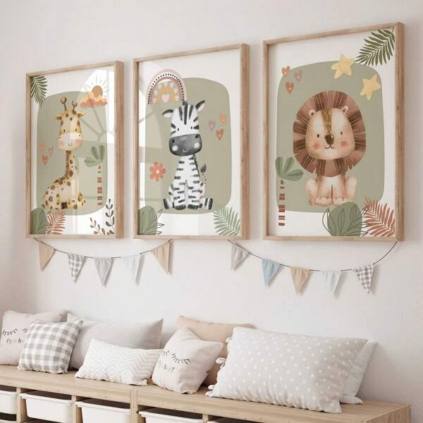 Set di 3 opere d'arte su tela senza cornice in stile bohémien - stampe di leone, giraffa e zebra per camera da letto, soggiorno e ufficio - poster murali moderni senza cornice