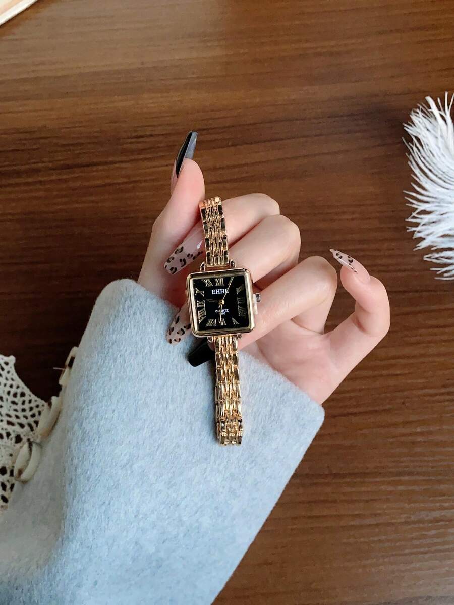 1 件石英锌合金复古方形金色表盘简约表带腕表，适合日常佩戴 - 均碼 - 查看 1