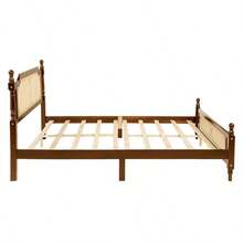 YOGLAD Queen Size Rattan Headboard Bed With Underbed Storage, Solid Pine Wood Platform Bed Frame, Modern Farmhouse Vintage Design, Spherical Bedposts, Sturdy Support & Easy Assembly, Room Decor Walnut - Walnut (Queen Size) - View 5