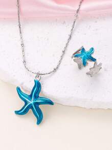 2pcs Bohemian Dopamine Y2k Stainless Steel Blue Starfish Ladies Necklace Ring Set For Men And Women Daily Wear Holiday Dating Gift Jewelry Summer Beach Vacation Men And Women Jewelry Set