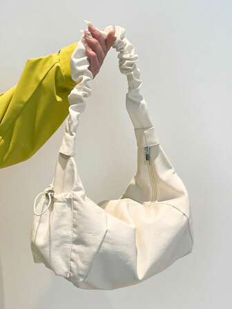 1 件装褶皱尼龙抽绳单肩包，褶皱休闲斜挎包，带多个口袋，适合女士