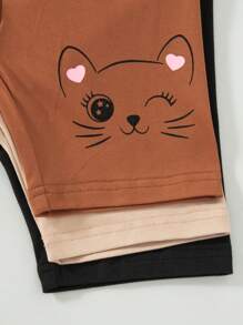 3pcs/Set Girls Cartoon Cat Print Solid Color Round Neck Short Sleeve T-Shirt And Shorts Set
