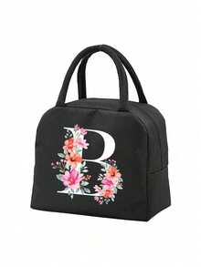 1pc Letter Print Insulated Lunch Bag, Thermal Lunch Tote, Handbag, Lunch Box, Ice Pack, Picnic Food Tote Bag, Canvas Lightweight Portable Lunch Storage Bag, Ideal For School, Office, Picnic, Birthday Gift, Souvenir. This Is A Novel Design With Large Capacity Portable Casual Lunch Insulation Bag, An Ideal Tote Bag For School Supplies. - Black - View 24