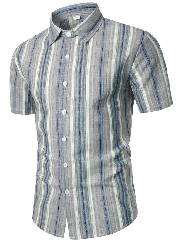 Chemise à boutons pour hommes, chemise rayée à manches courtes en lin décontractée pour les vacances et les affaires