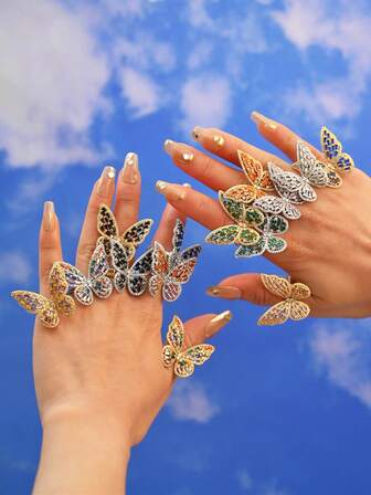 1 件时尚奢华铜镀金镶嵌人造锆石蝴蝶戒指，优雅派对婚礼珠宝配饰适合女性日常佩戴