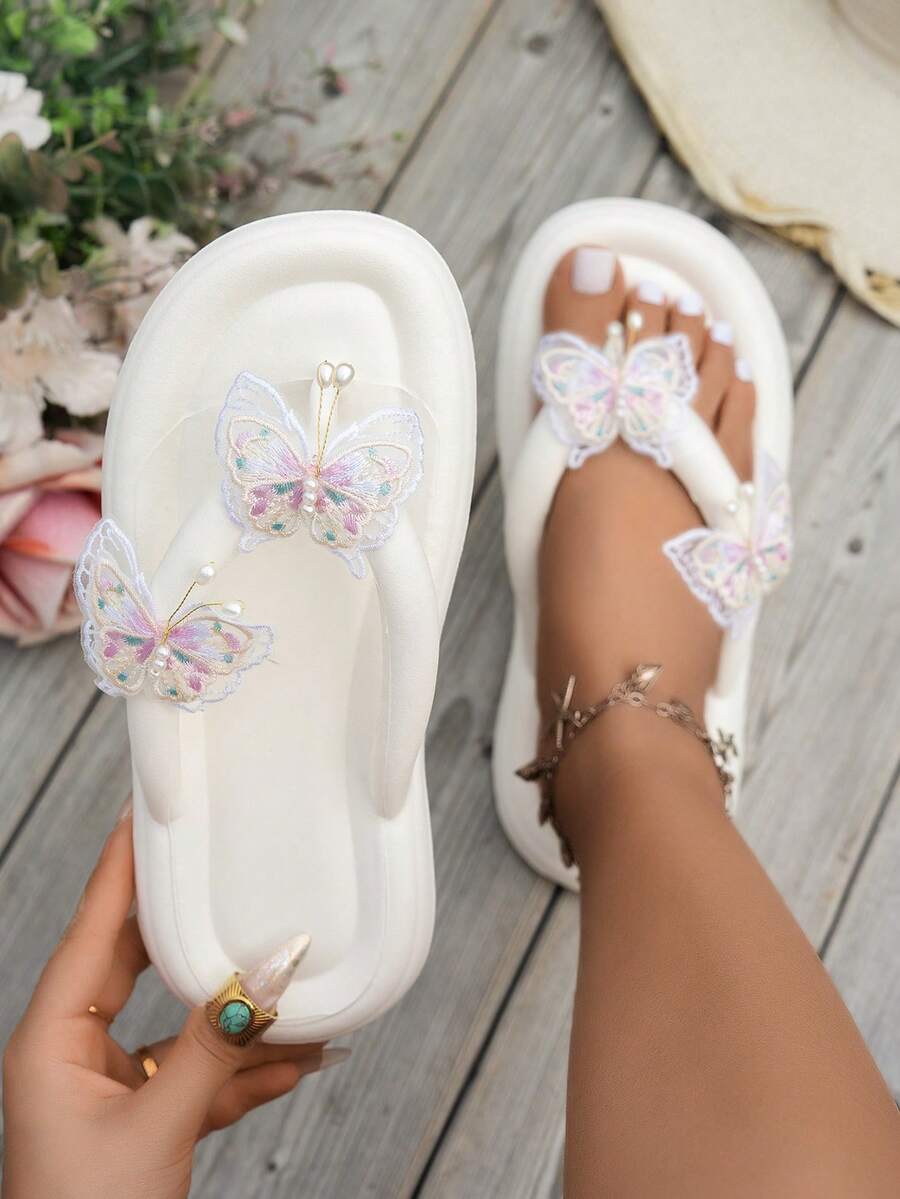 Women's Flip Flops, Butterfly Design, Lightweight EVA Material, Suitable For Beach And Outdoor, Spring/Summer