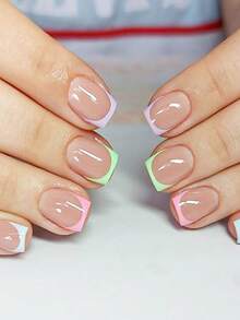 240 móng tay giả vuông ngắn kiểu Pháp, 5 lựa chọn màu sắc, màu hồng gradient, móng tay acrylic vuông ngắn bóng, móng dán, phù hợp cho các bạn nữ, móng acrylic, ý tưởng quà tặng, dụng cụ làm móng - Nhiều màu - Xem 5