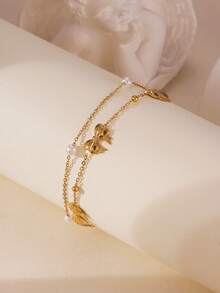 GEREIT 1pc 18K Genuine Gold Stainless Steel Faux Pearl Multilayer Butterfly Anklet, Suitable For Women Daily Wear And Parties - Bow Pearls - View 3