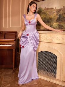 Elegant Sexy Spaghetti Strap Floral 3D Fitted Dress, Formal, Party Dress, Gown, For Evening, Wedding Guest - Purple - View 6